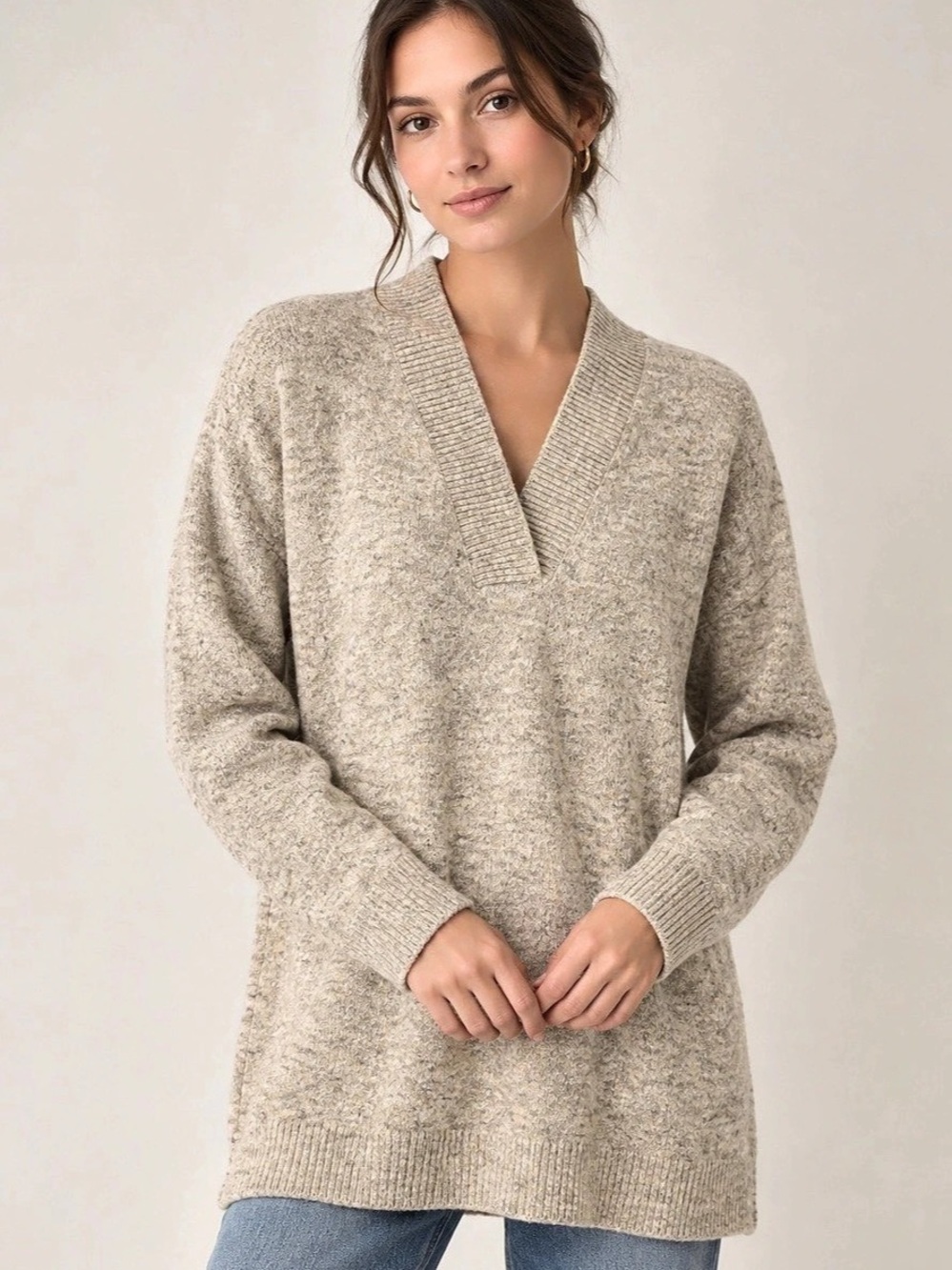 Deep V-Neck Sweater Beige